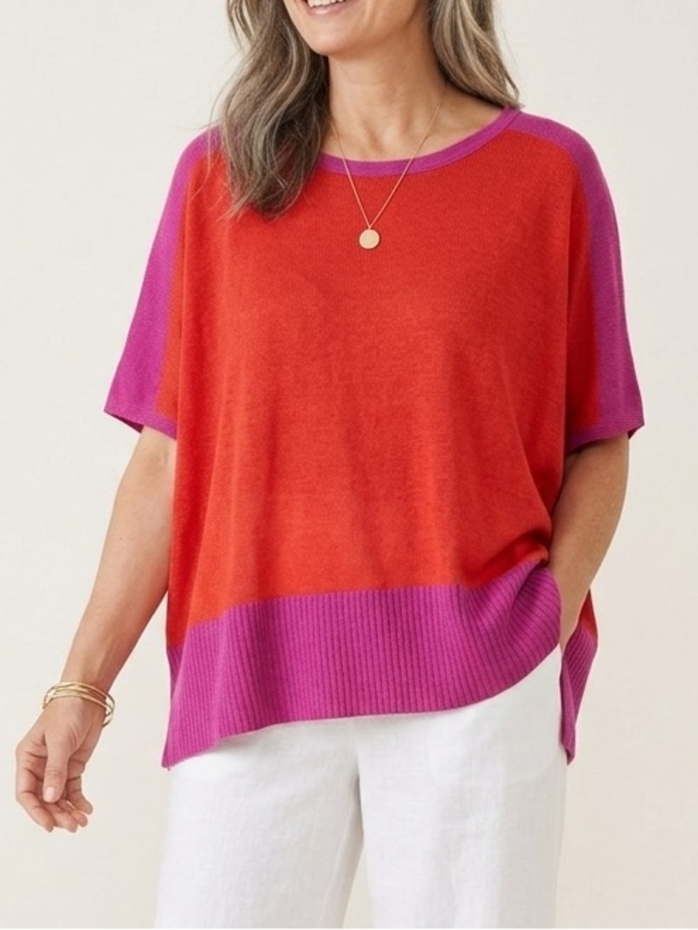 Eileen Fisher Orange Pink Colorblock Organic Linen Short-Sleeve Knit Top L/XL